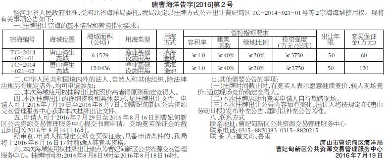 唐山市曹妃甸区海洋局曹妃甸新区公共资源交易