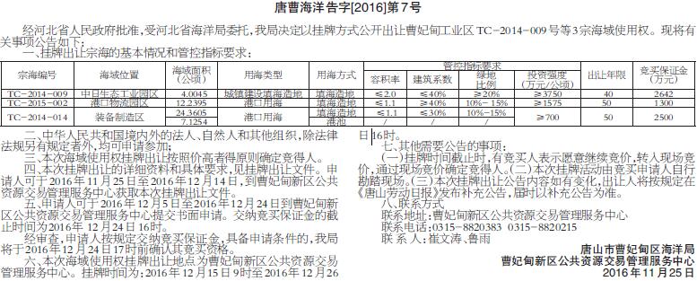 唐山市曹妃甸区海洋局曹妃甸新区公共资源交易