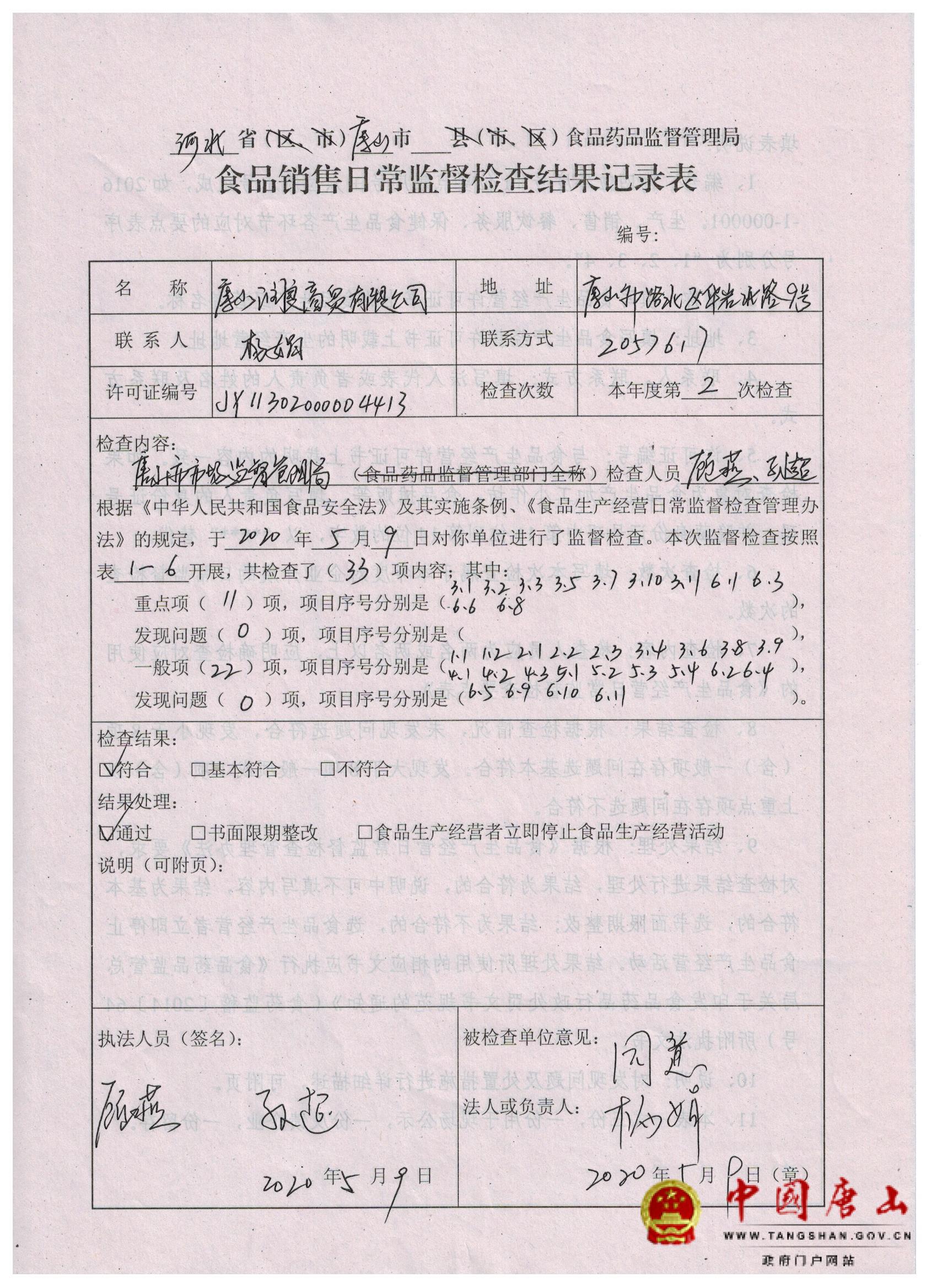 2020年食品销售环节检查记录